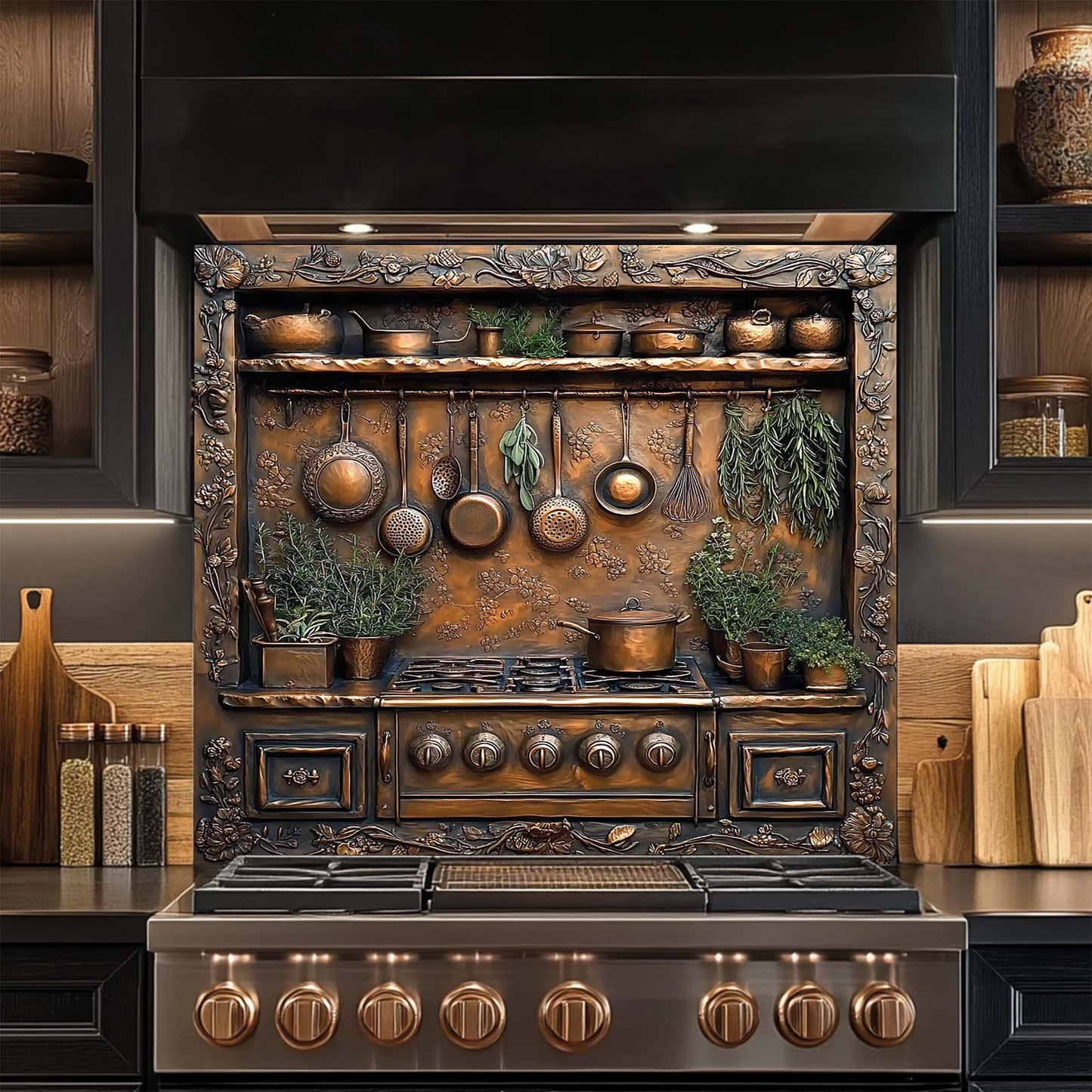 Herbal Charm – Tempered Glass Backsplash for Stove | Copper Look Glass Backsplash