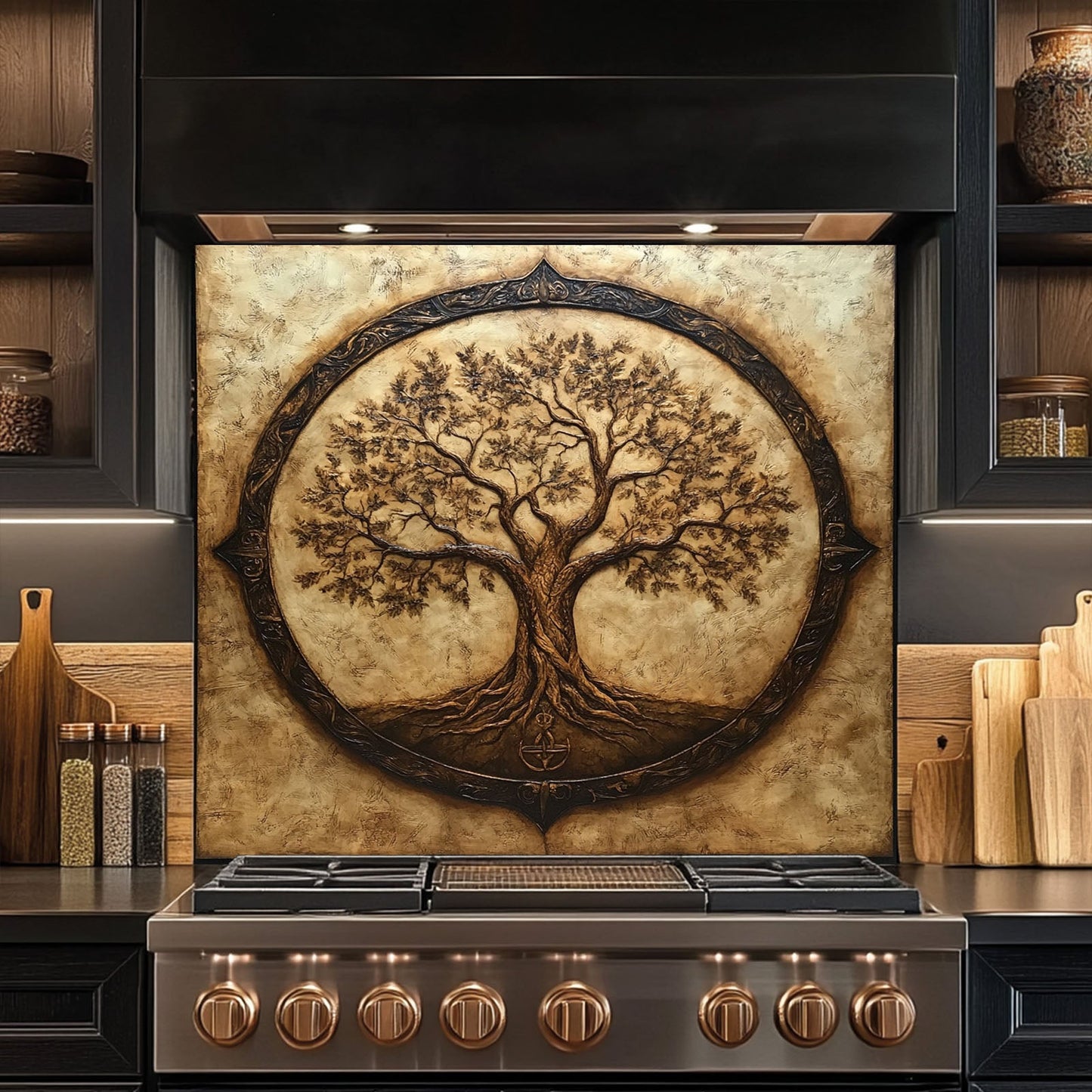 Tree of Life with Roots Tempered Glass Backsplash – Kitchen Backsplash for Stove