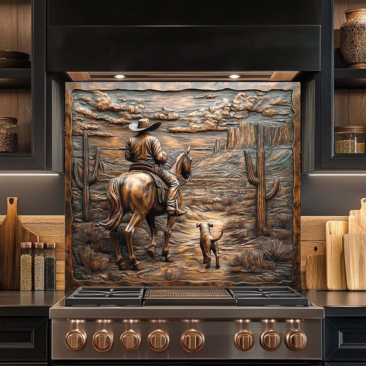 Desert Trail – Tempered Glass Backsplash with Cowboy and Dog | Western Backsplash (Copy)