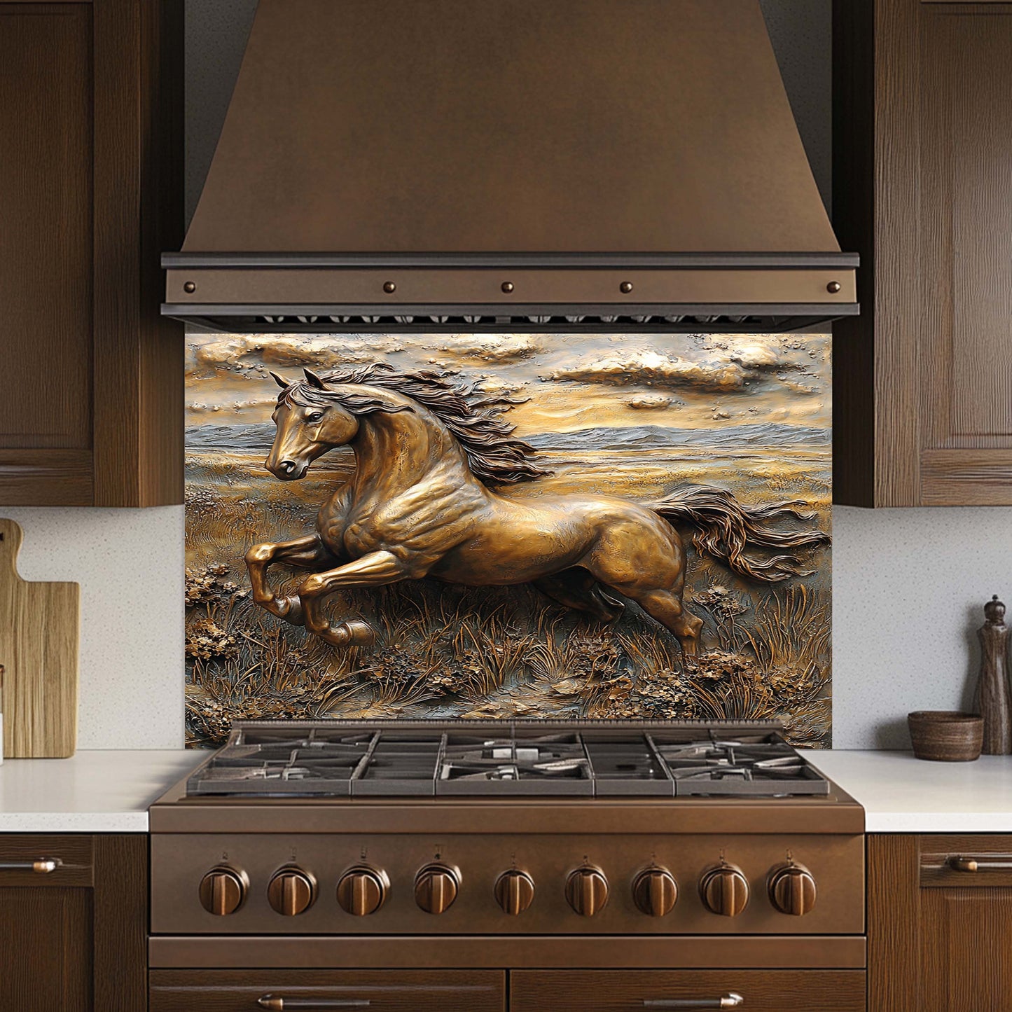 Copper Look Horse Tempered Glass Backsplash – Rustic Kitchen Back splash for Stove