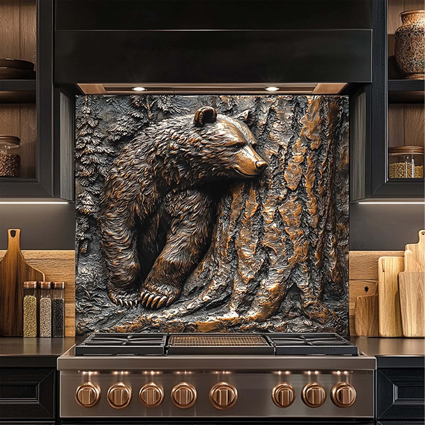 Pine Hide – Tempered Glass Backsplash for Kitchen Stove | Copper Look Bear & Tree Design