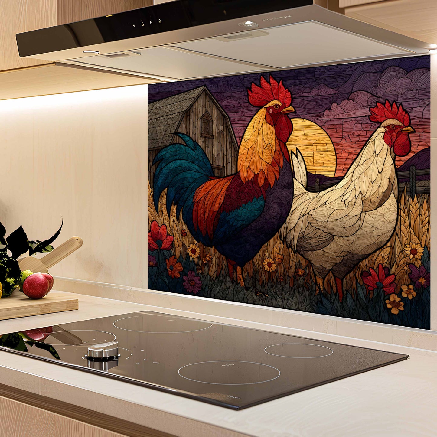 Tempered Glass Backsplash for Kitchen | Rustic Rooster and Hen Farm Scene Design