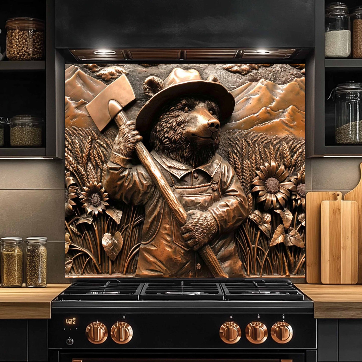 Farmer Bear Tempered Glass Backsplash – Copper Look Backsplash for Rustic Kitchen