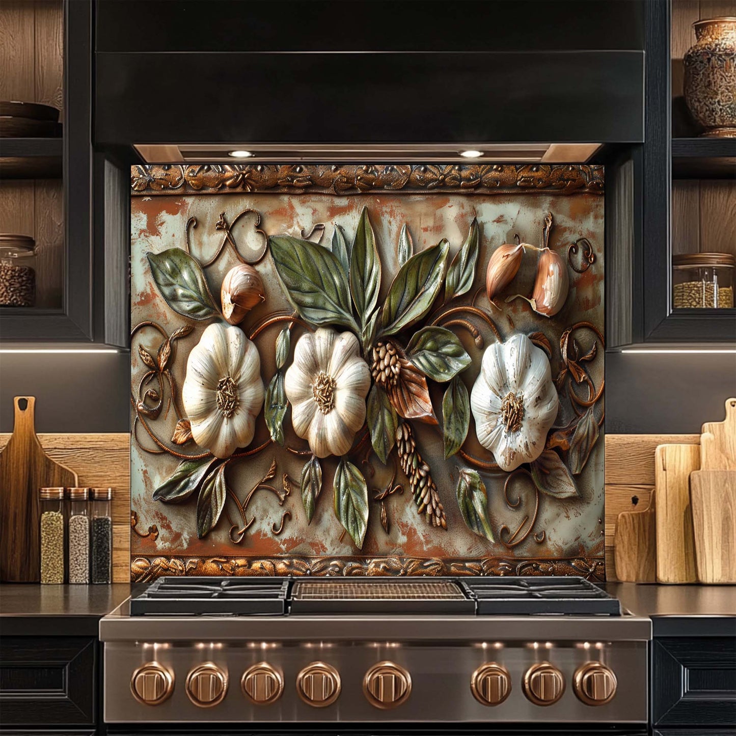 Tuscan Garlic Garden Tempered Glass Backsplash for Kitchen | Garlic & Leaf Backsplash