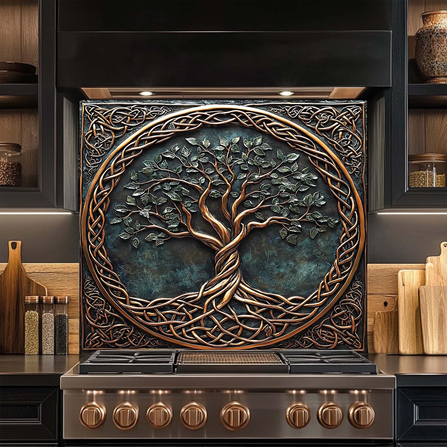 Celtic Roots – Tempered Glass Backsplash for Kitchen Stove | Tree of Life Copper Look Backsplash
