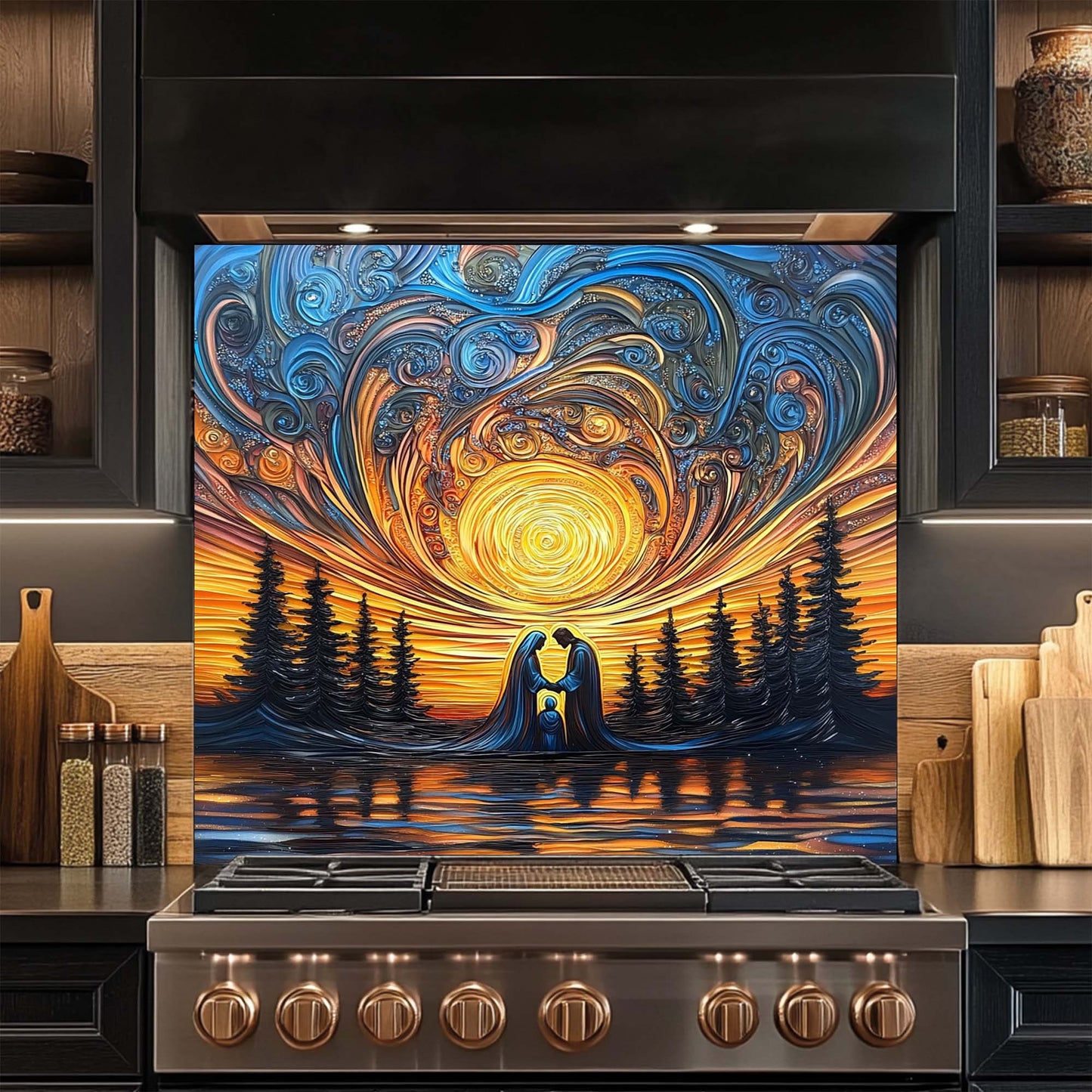 Sacred Light – Tempered Glass Backsplash for Kitchen Stove | Holy Family Sunset Backsplash