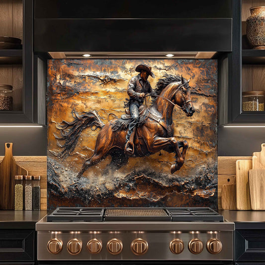 Tempered Glass Backsplash for Kitchen | Copper-Look Cowboy Galloping in Desert