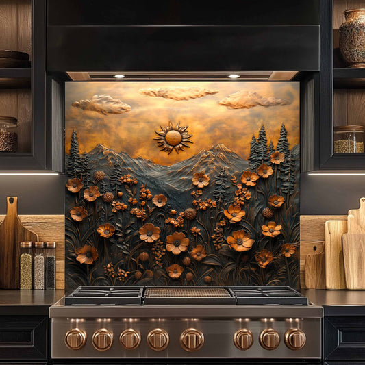 Golden Bloom Tempered Glass Backsplash – Floral Mountain Kitchen Stove Splashback