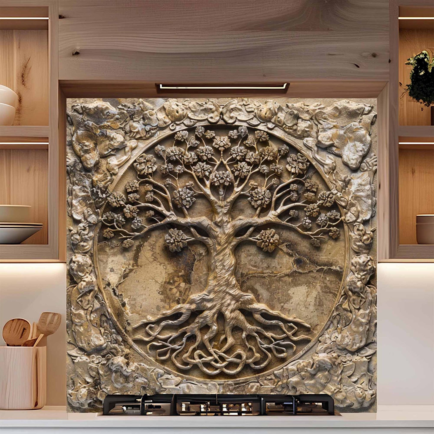 Stone Blossom Kitchen Backsplash –  Tree of Life Glass Backsplash for Stove