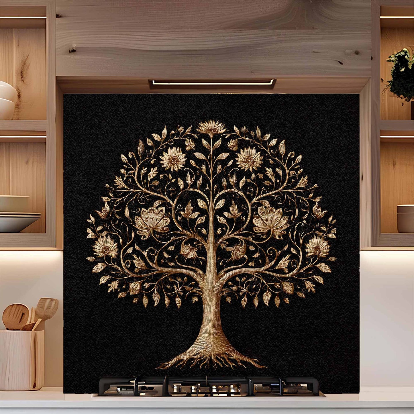 Floral Wisdom Tree Tempered Glass Backsplash – Kitchen Backsplash Behind Stove