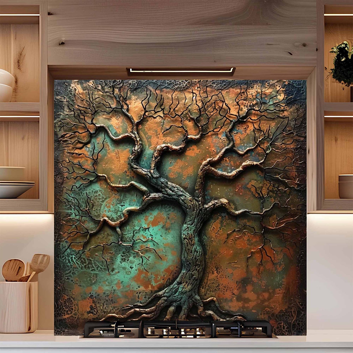 Rust Patina Tree Tempered Glass Backsplash – Kitchen Backsplash Behind Stove