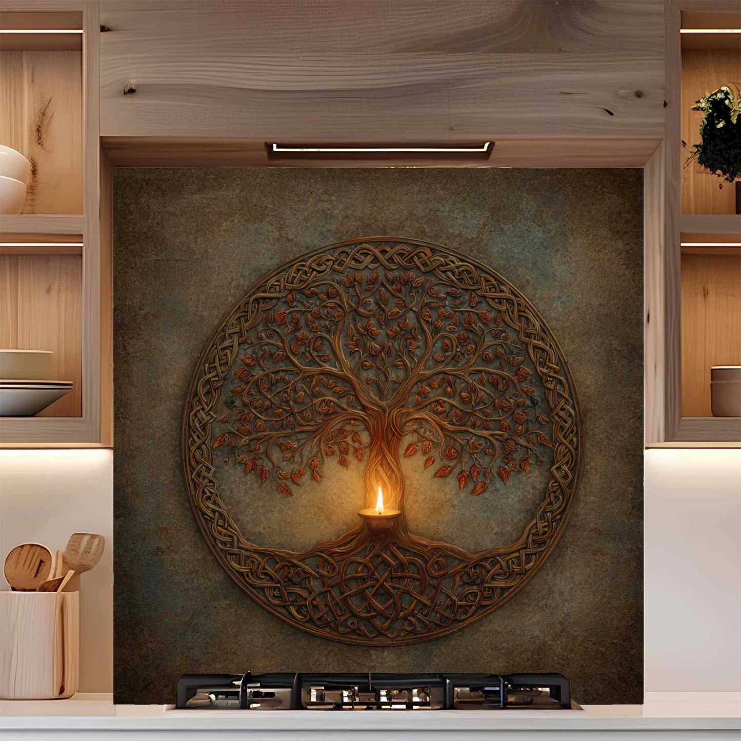 Celtic Light Tempered Glass Backsplash – Tree of Life Kitchen Backsplash