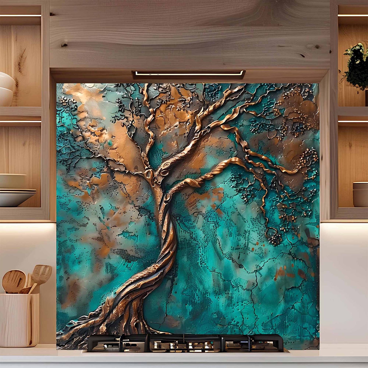 Verdigris Flow Tree Kitchen Backsplash – Tempered Glass Backsplash Behind Stove