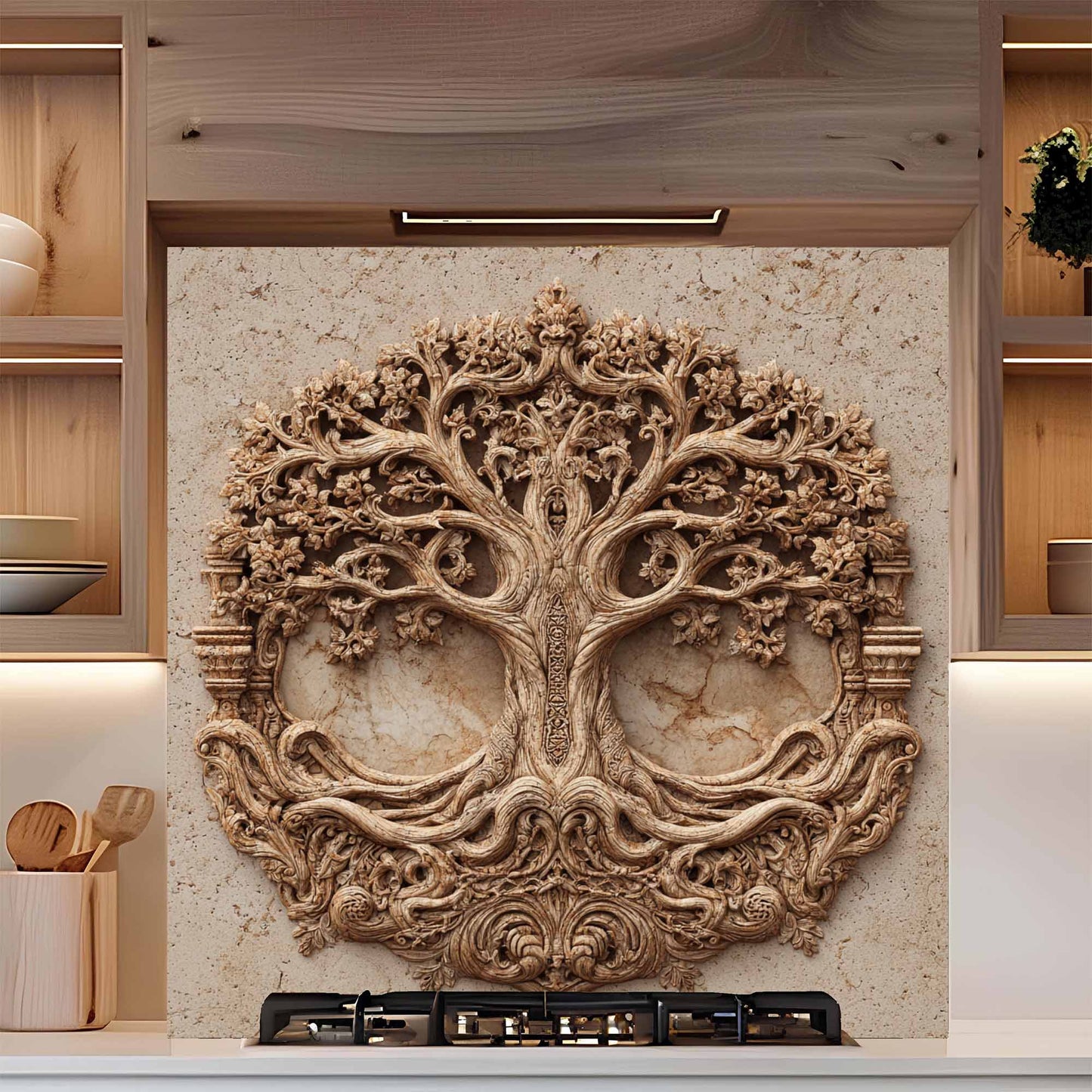 Ornate Tree Tempered Glass Backsplash – Tree of Life Kitchen Backsplash
