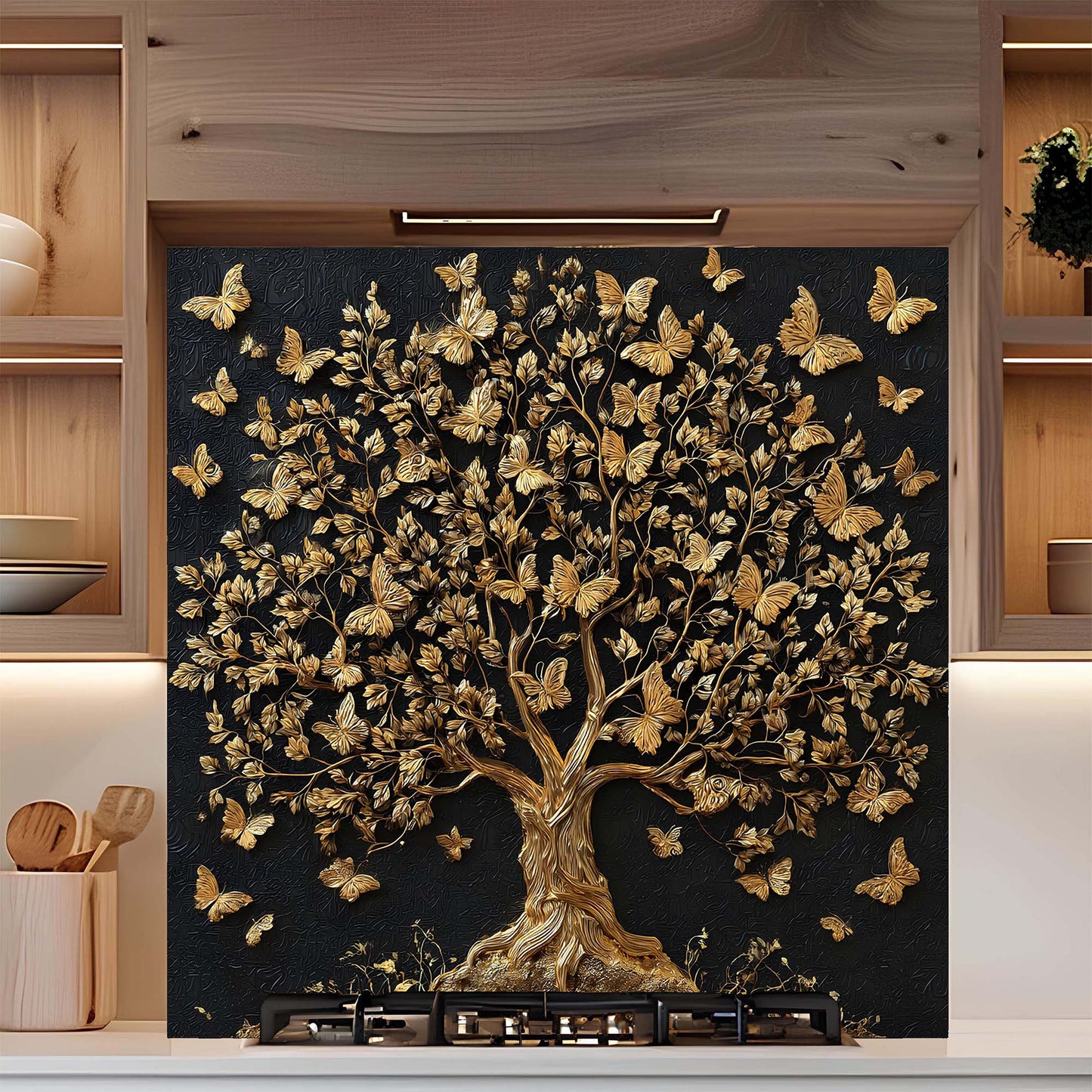 Custom Kitchen Backsplash – Golden Whisper Tempered Glass Stove Backsplash