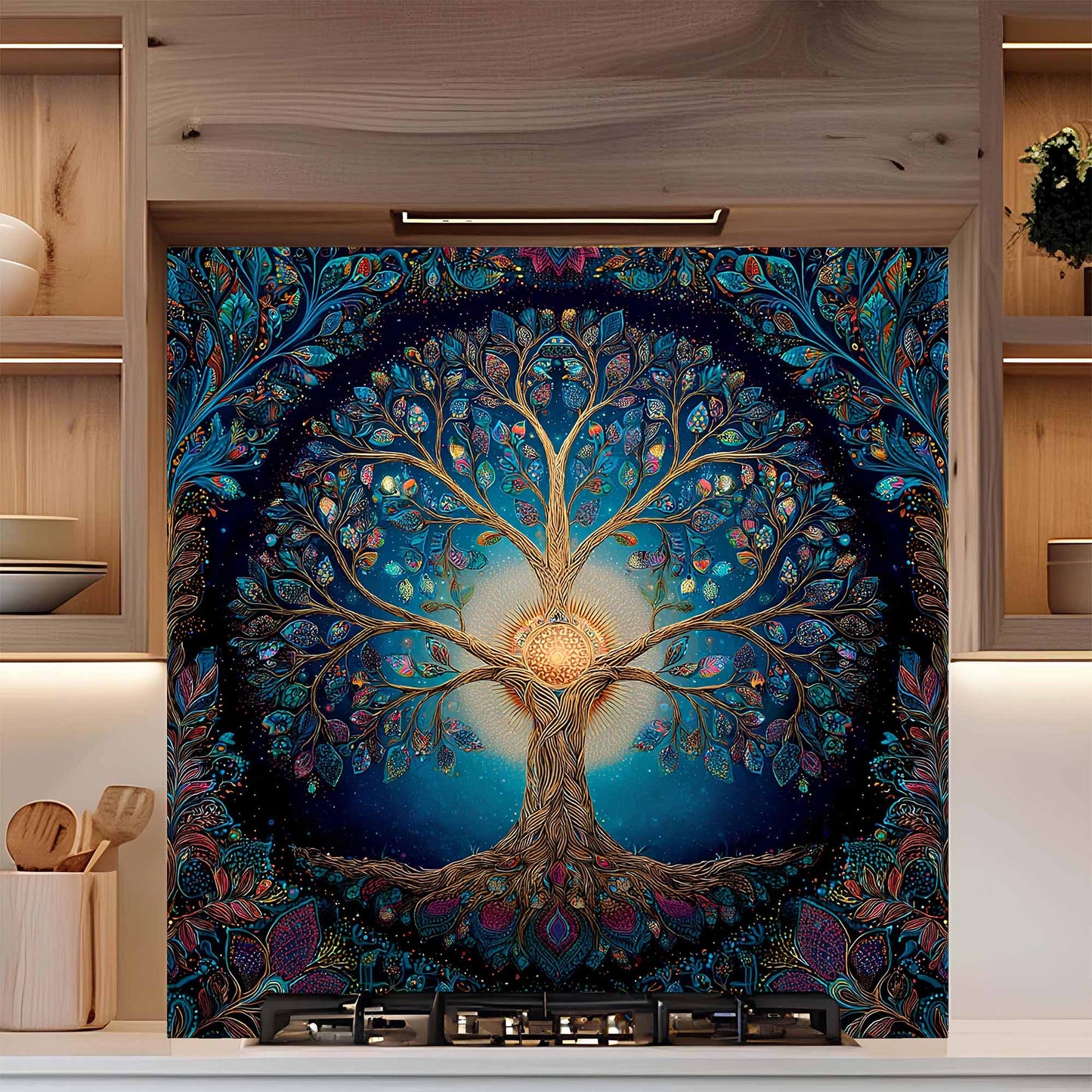 Celestial Bloom Tree Tempered Glass Backsplash – Back Splashes for Kitchen