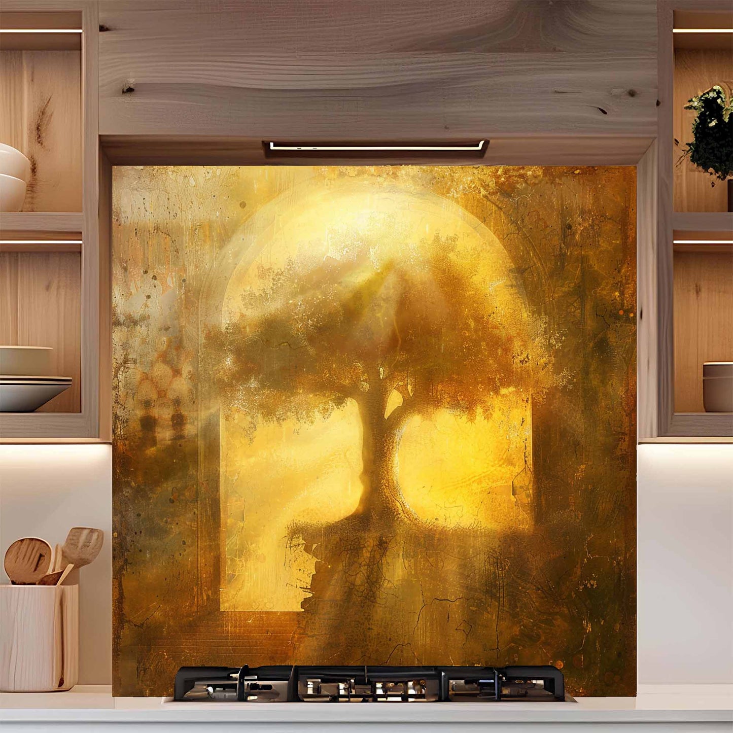 Golden Unity Tempered Glass Backsplash - Tree of Life Stove Backsplash