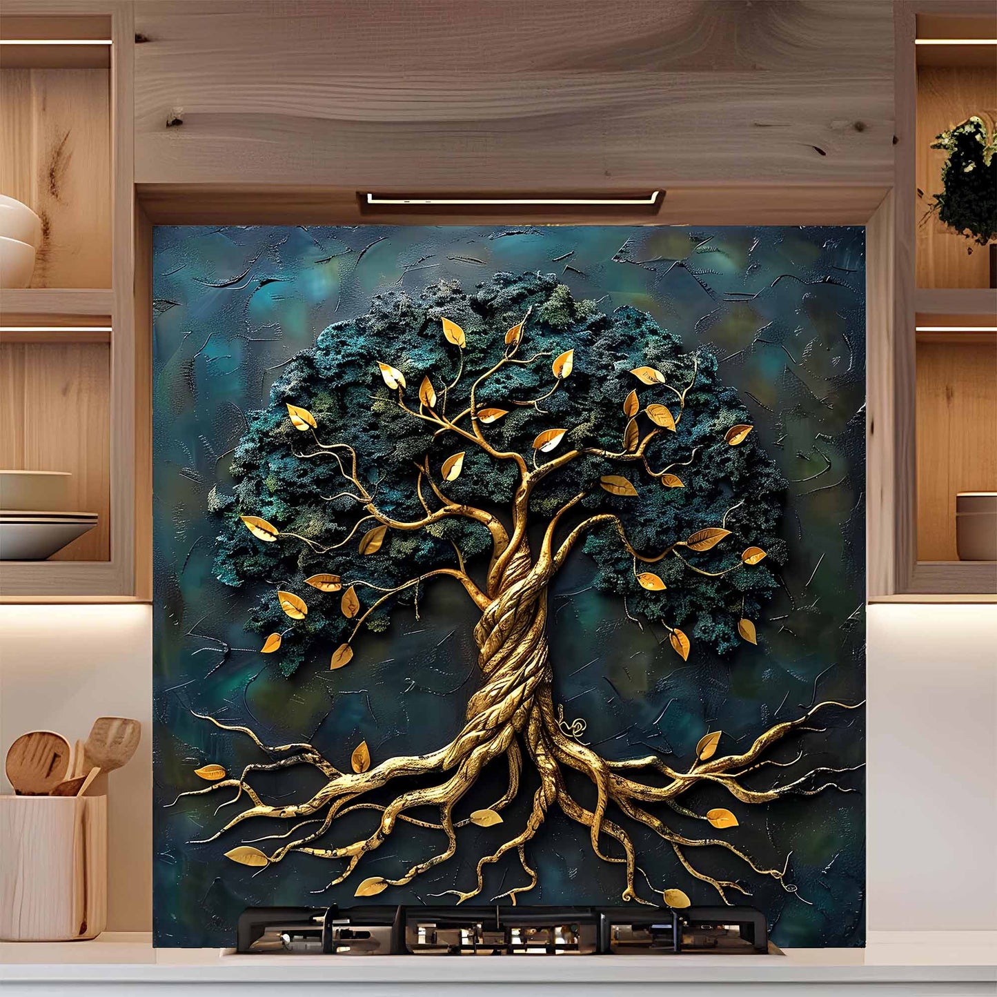 Golden Roots Tree Glass Backsplash – Tempered Glass Backsplash for Kitchen