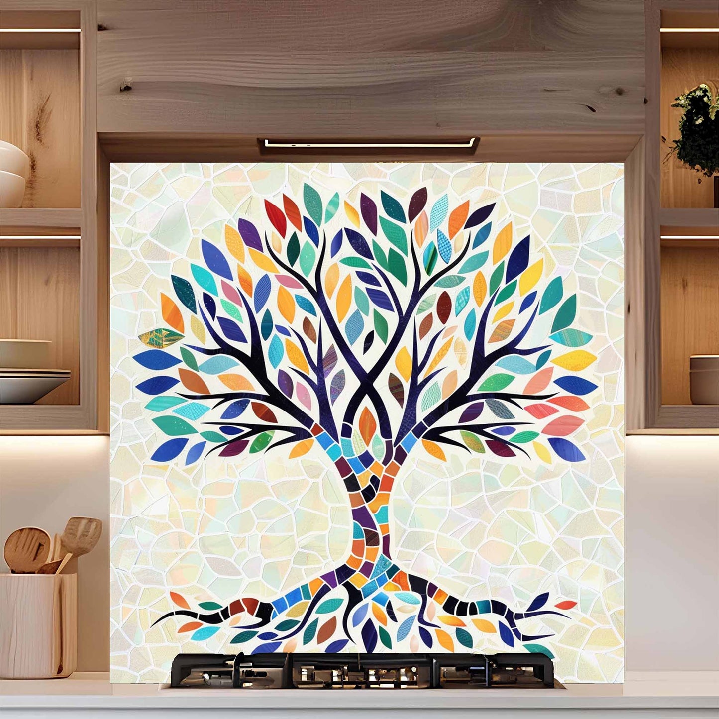Mosaic Tempered Glass Backsplash – Tree of Life Kitchen Backsplash for Stove or Sink