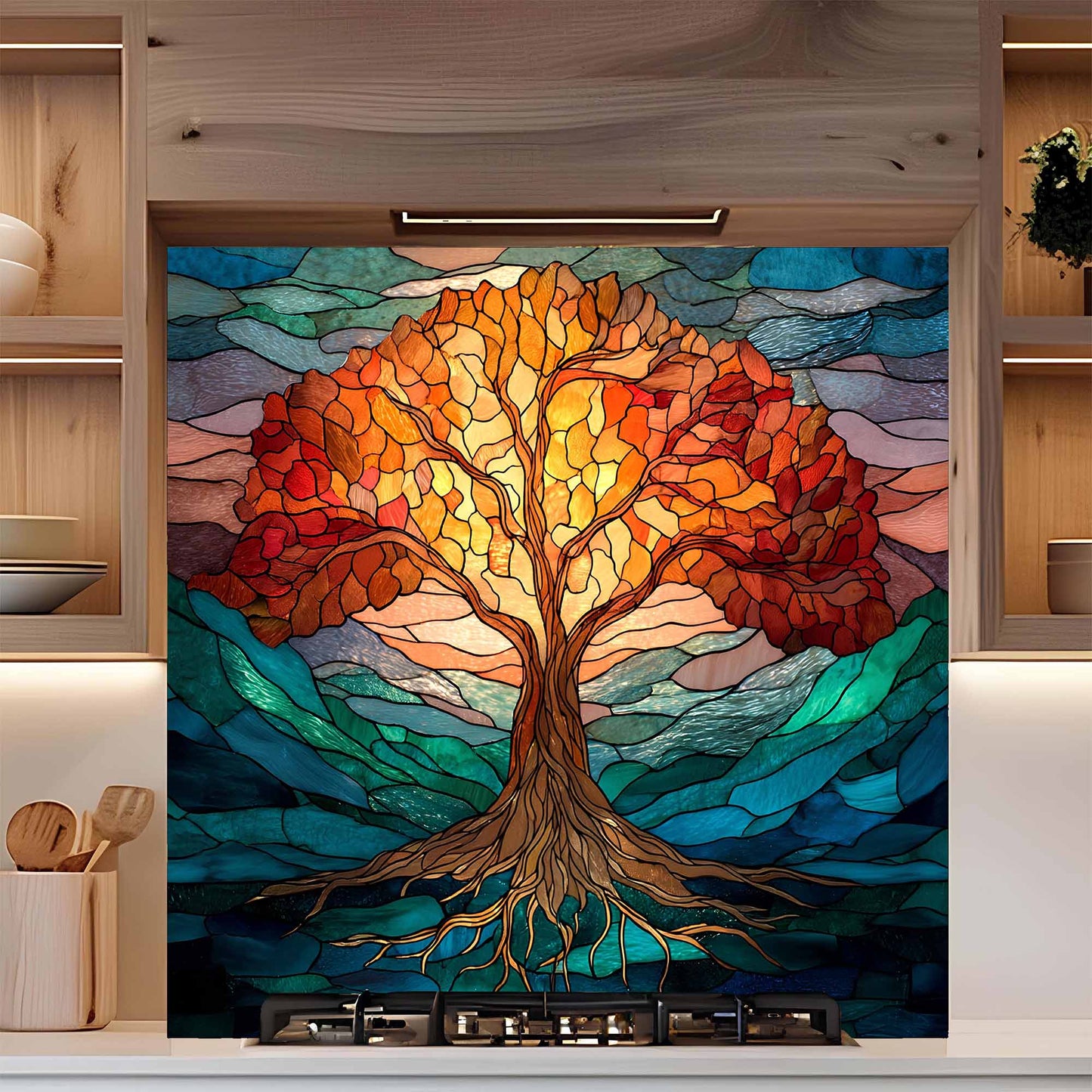 Luminous Flame Tree Glass Backsplash – Tempered Glass Backsplash for Kitchen Stove