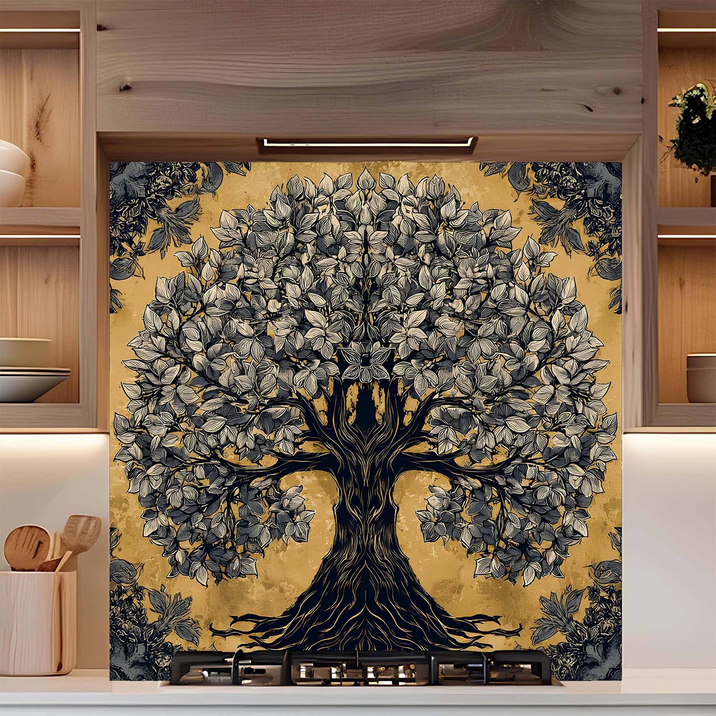 Golden Grove Tree Glass Backsplash – Kitchen Backsplash Tile in Tempered Glass