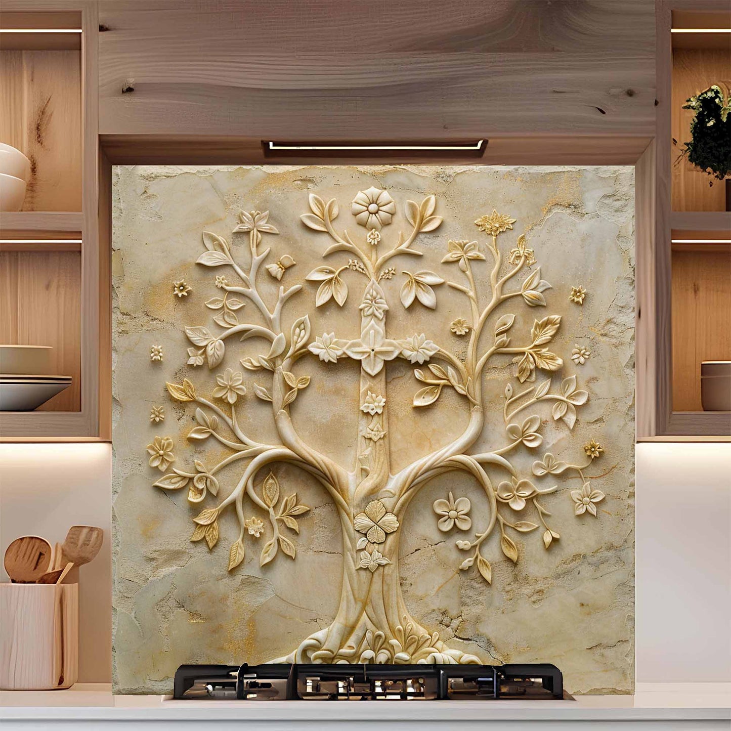 Floral Grace Tempered Glass Backsplash – Tree of Life Kitchen Backsplash for Stove