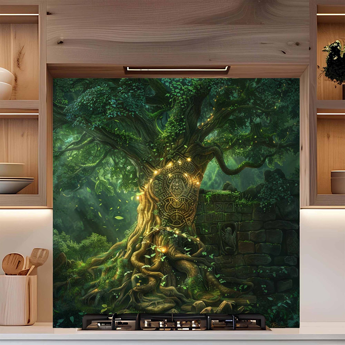 Mystic Grove Tree Tempered Glass Backsplash – Kitchen Backsplash for Stove