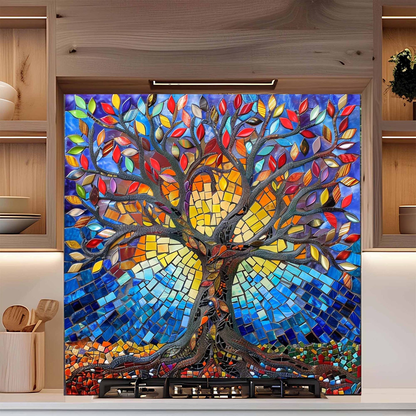 Mosaic Sunrise Tree Tempered Glass Backsplash – Kitchen Stove Backsplash
