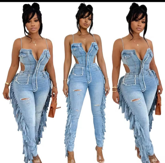 Hollow Out Tassel Denim Jumpsuit