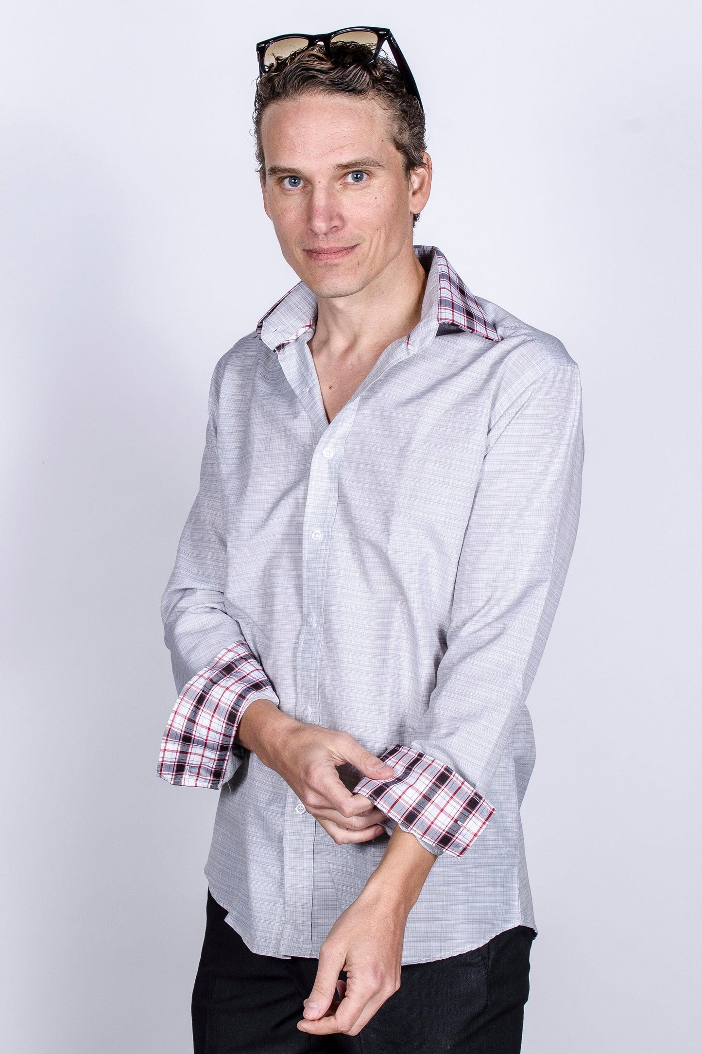 Men's Light Gray Slim Fit Cotton Dress Shirt with Collar Cover