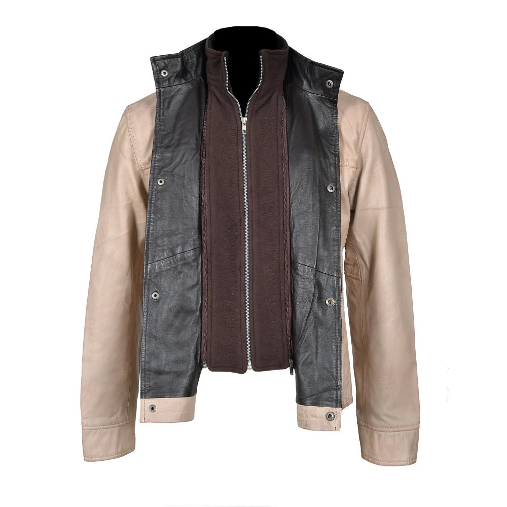 Handmade Barnes Bone White Hand Waxed Double Collar Leather Jacket