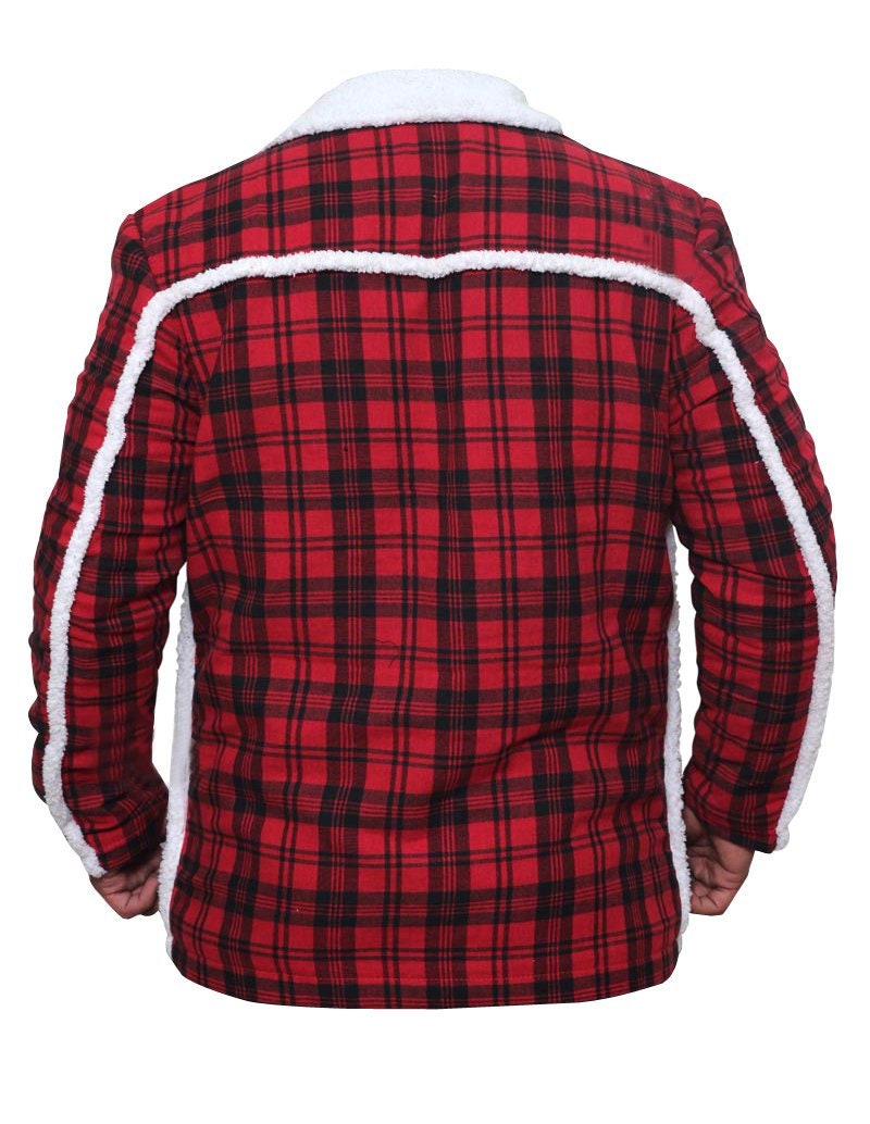 Handmade  Ryan Reynold's Red And Black Checkered Jacket With Faux Shearling