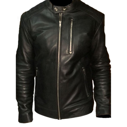 Handmade Black Moto Style Jacket With Shoulder And Arm Patches