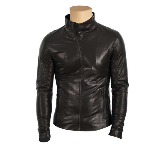 Handmade Black Leather Jacket With High Neck Pullover