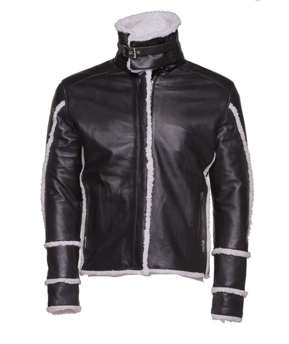 Handmade Harry's Sherpa Leather Jacket With Double Collar