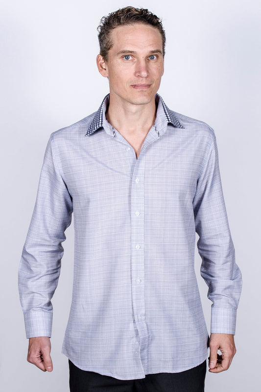 Men's Slim Fit Plaid Dress Shirt: Dark Gray Cotton with Collar Cover