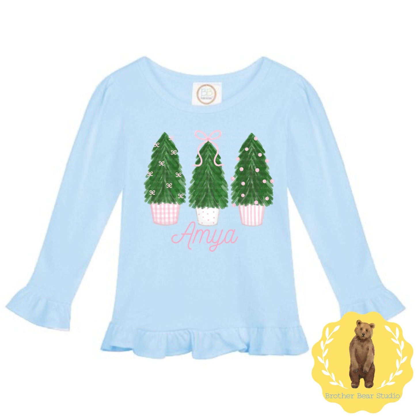 Christmas Tree Trio Ruffle Tee Shirt | Girls | Short Sleeve | Holiday | Long Sleeve |