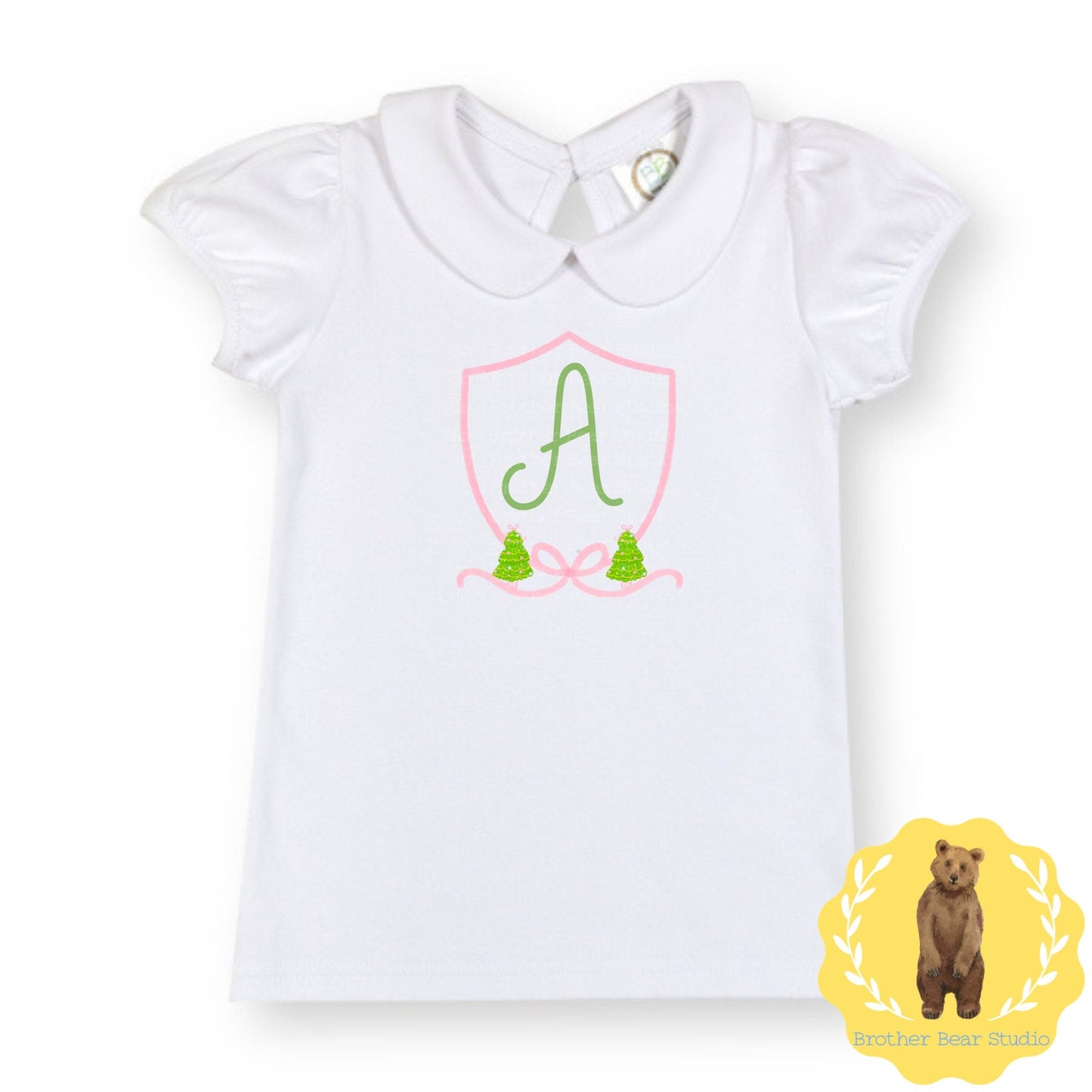 Pink Crest with Christmas Tree Peter Pan Collar Tee | Girls | Short Sleeve | Holiday | Long Sleeve |