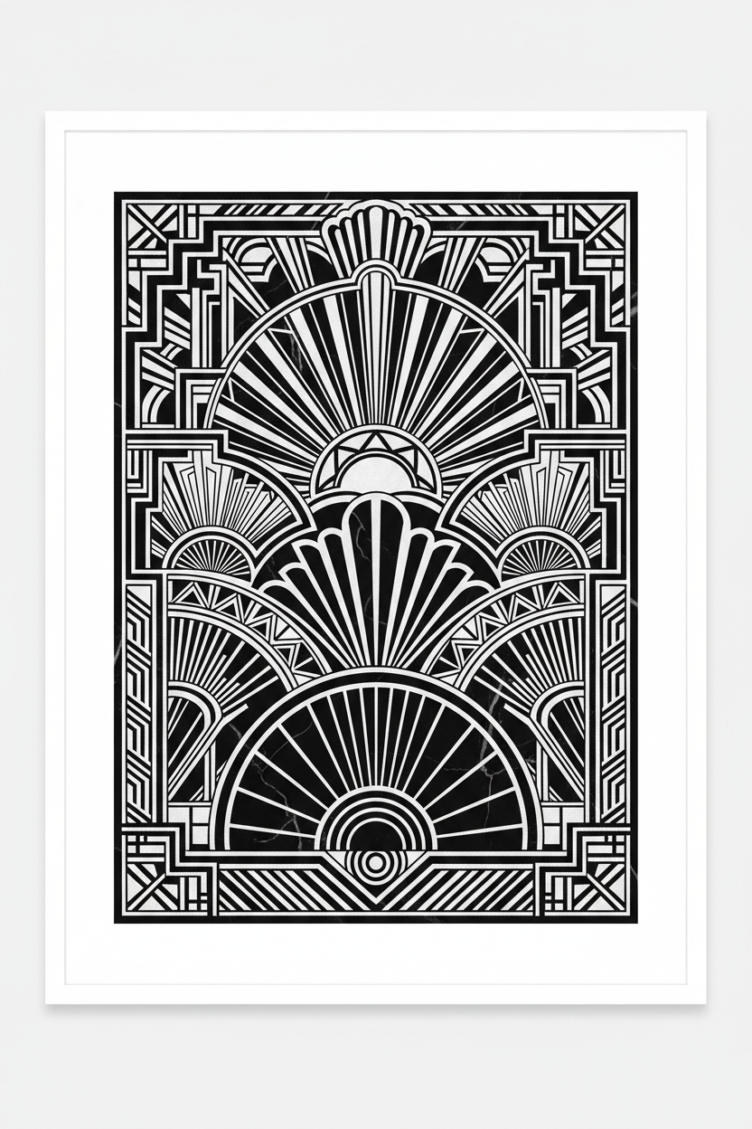 1930s Art Deco ornate sunburst and fan motifs in black and white