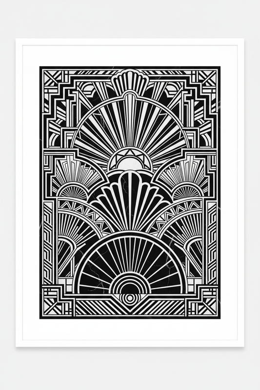 1930s Art Deco ornate sunburst and fan motifs in black and white
