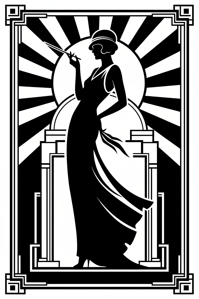 1930s Art Deco elegant woman silhouette in black and white