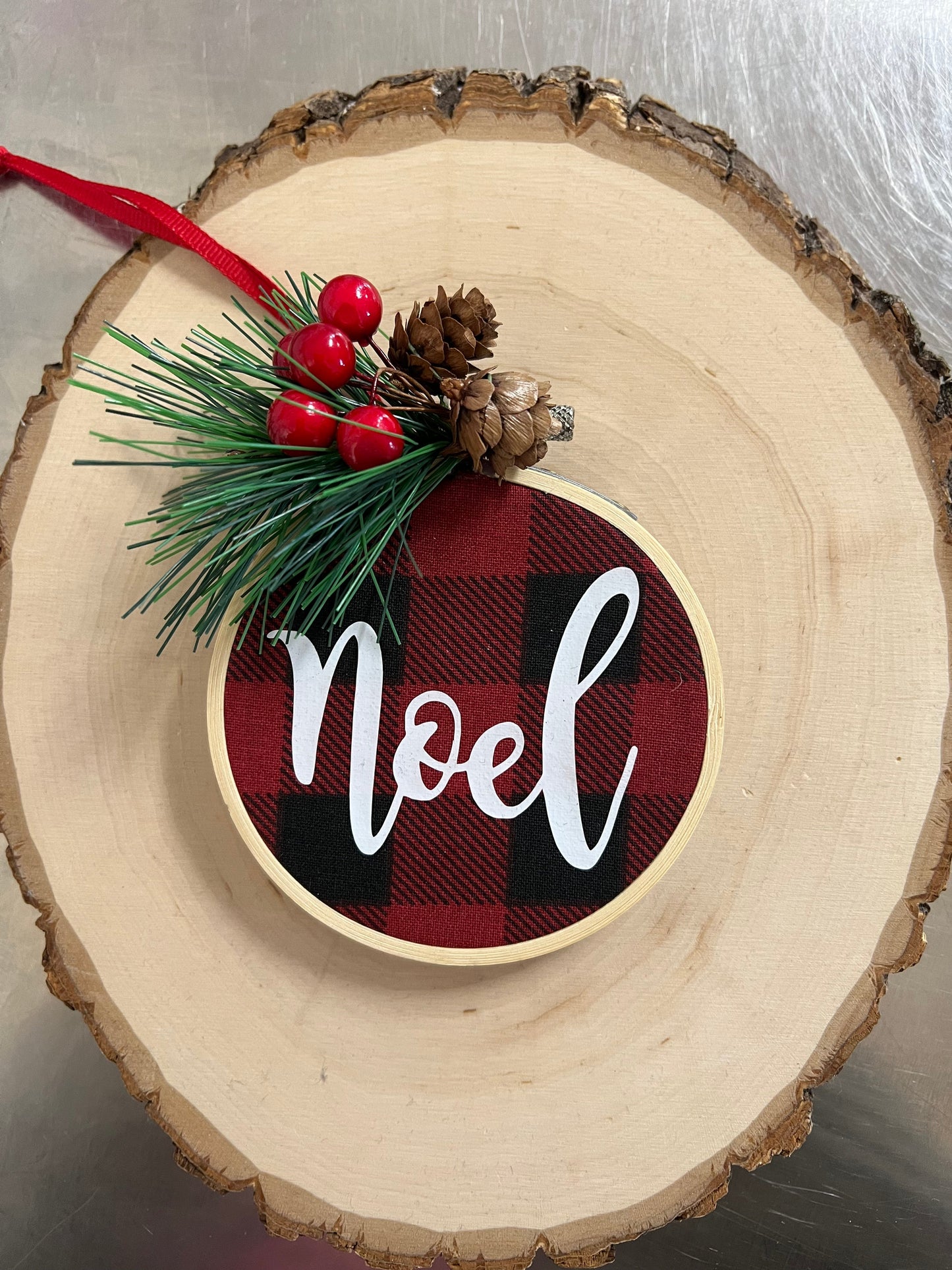 Hoop Ornament: Noel on Red Plaid with Greenery
