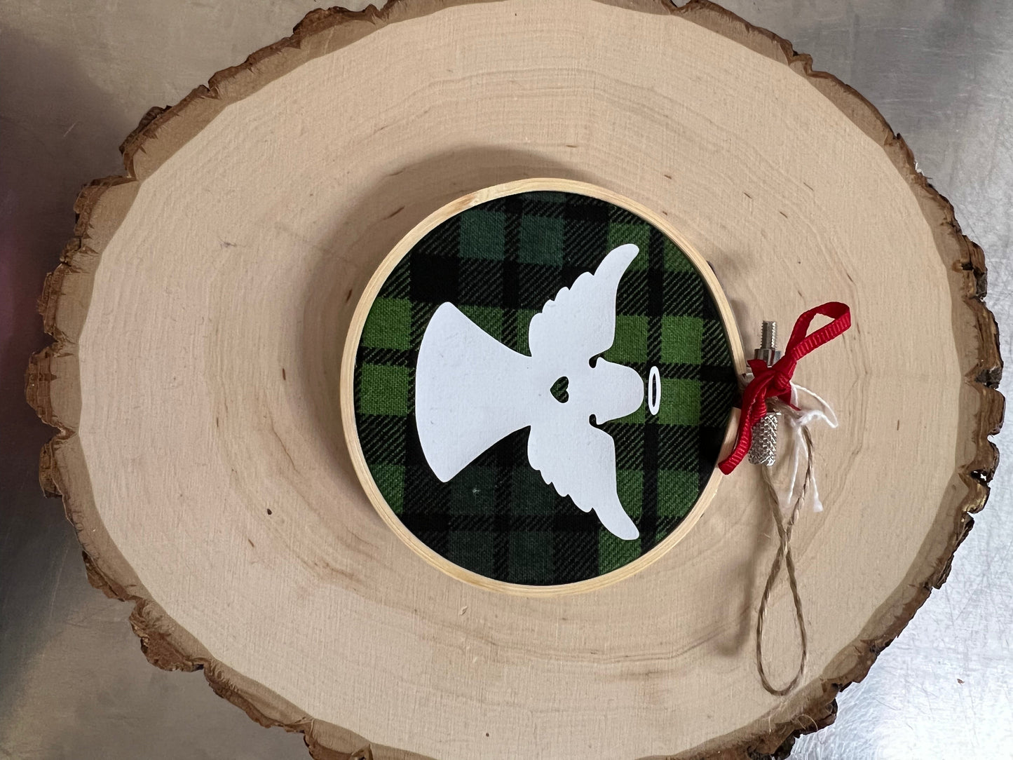 Hoop Ornament: Angel on Green Plaid