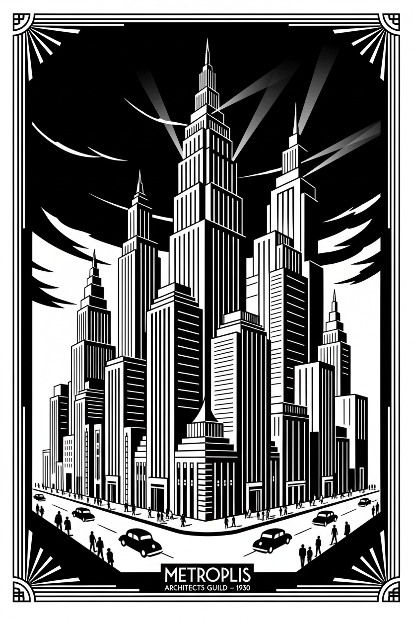 1930s Art Deco geometric cityscape in black and white