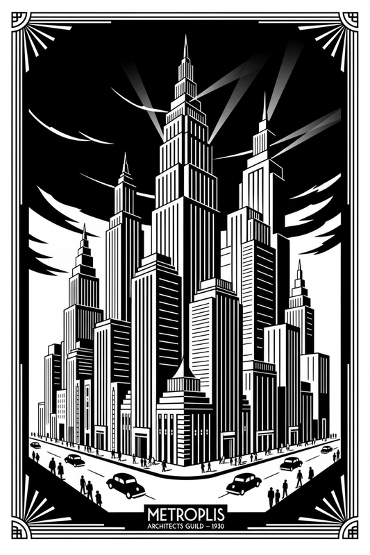 1930s Art Deco geometric cityscape in black and white