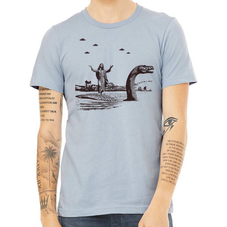 Jesus Christ Riding The Loch Ness Monster Men's Tshirt | Guys Funny Dinosaur Tee | Humorous Religious Tee with Jesus and Nessie