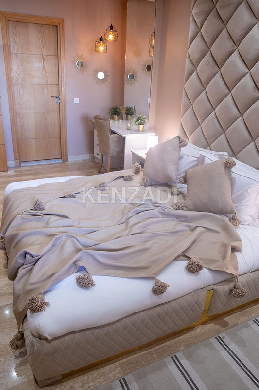 KENZADI Moroccan Handmade Pompom Blanket, Throw Blanket, Pom Pom Blanket, Boho Blanket, Bed Cover, Warm Blanket, Cozy Blanket (Brown with pom Brown, King (U.S. Standard))