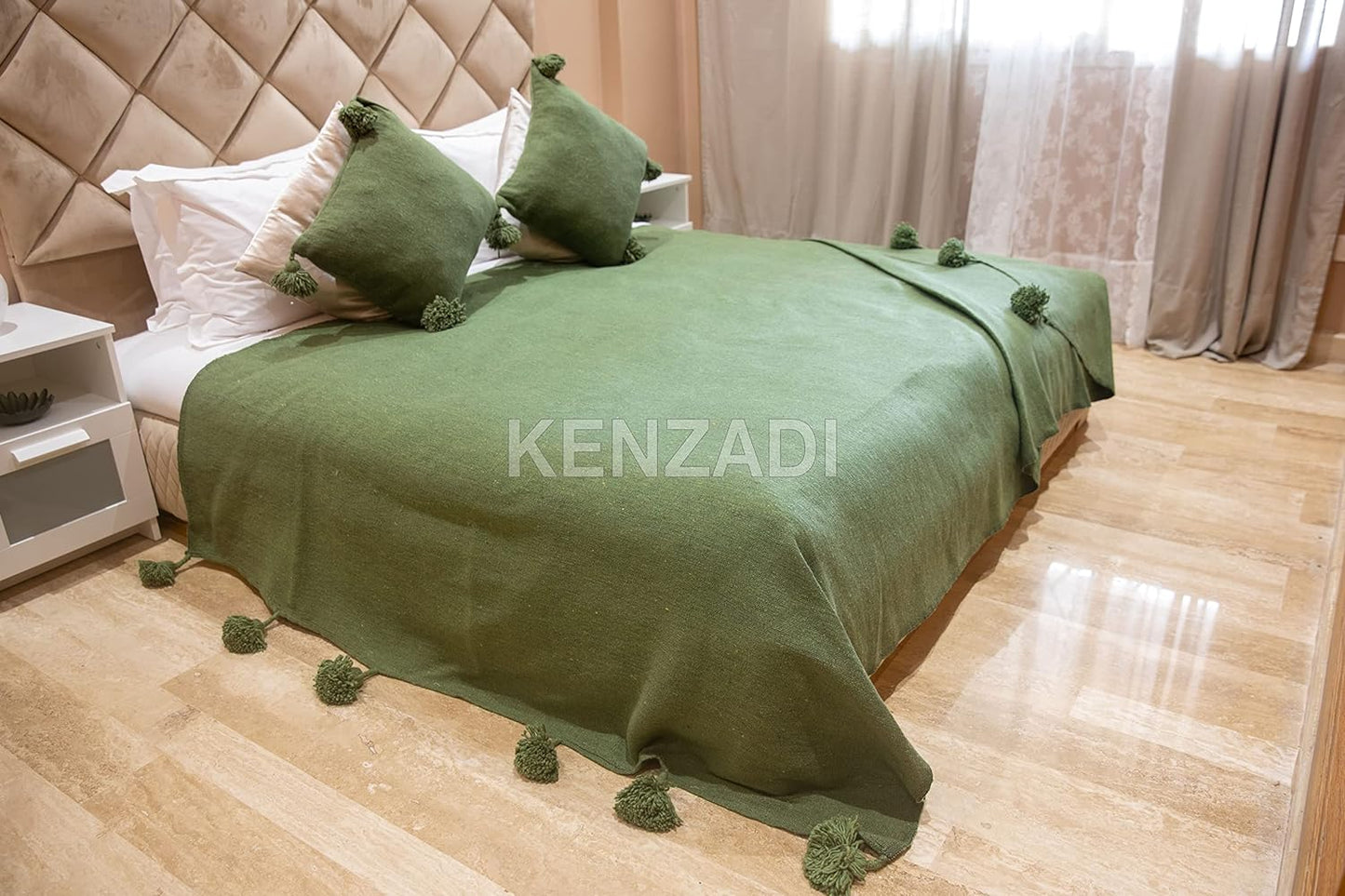 KENZADI Moroccan Handmade Pompom Blanket, Throw Blanket, Pom Pom Blanket, Boho Blanket, Bed Cover, Warm Blanket, Cozy Blanket (Green with pom Green, King (U.S. Standard))