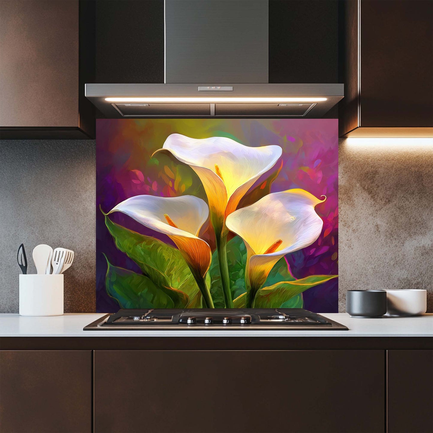 Luminous Calla Bloom – Tempered Glass Backsplash for Kitchen | Glowing Floral Backsplash