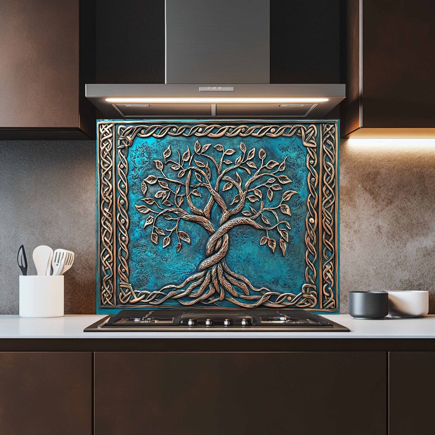 Custom Kitchen Backsplash – Aqua Heritage Tempered Glass Stove Backsplash